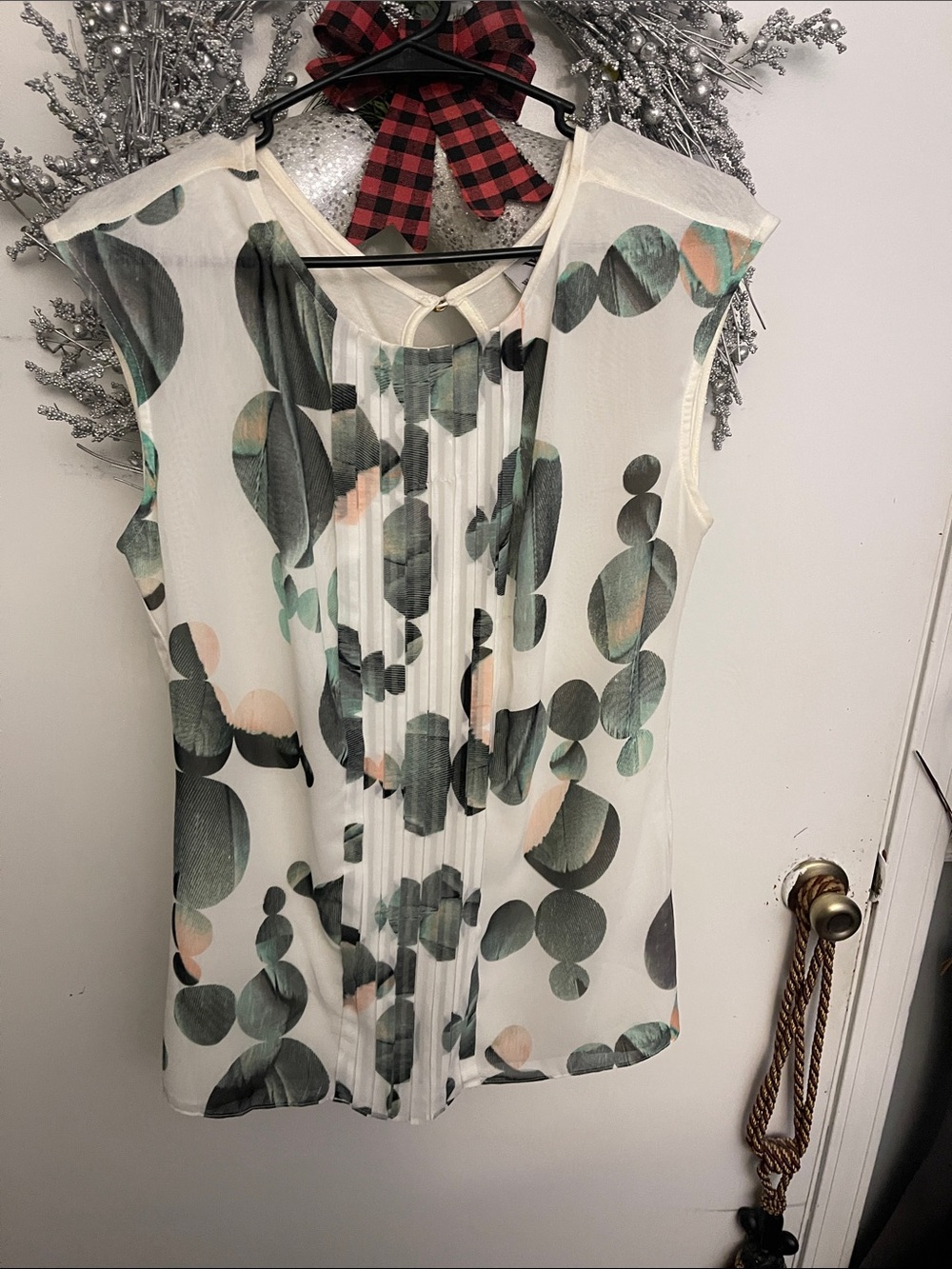 Worthington Cream Blouse with Green and Blush Dot Print